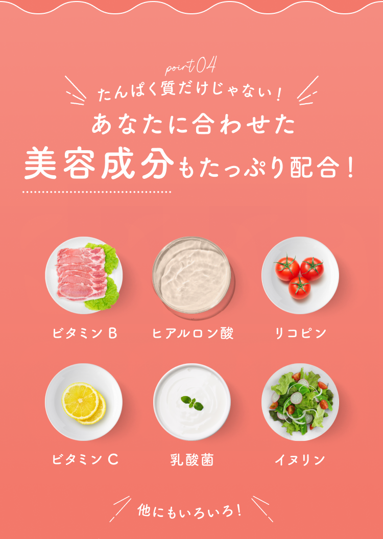 point04 たんぱく質だけじゃない!あなたに合わせた美容成分もたっぷり配合! ビタミンB ヒアルロン酸 リコピン ビタミンC 乳酸菌 イヌリン 他にもいろいろ!