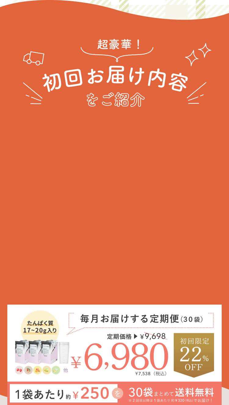 超豪華! 初回お届け内容をご紹介 たんぱく質17〜20g入り 毎月お届けする定期便(30袋)定期価格¥9,698 ¥6,980 ¥7,538(税込) 初回限定22%OFF 1袋あたり約¥250を30袋まとめて送料無料 ※2回目以降は1袋あたり約¥320(税込)でお届け!