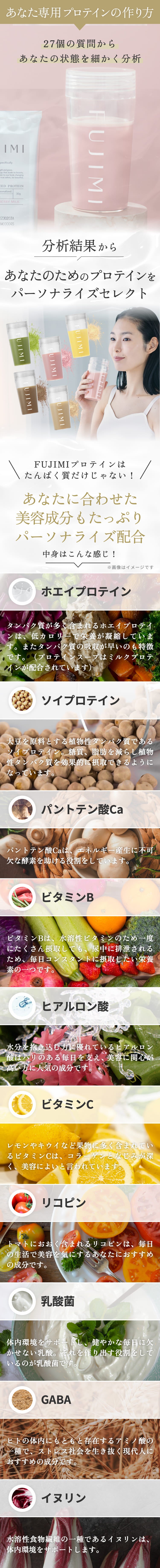 あなた専用プロテインの作り方 25個の質問からあなたの状態を細かく分析 分析結果からあなたのためのプロテインをパーソナライズセレクト FUJIMIプロテインはタンパク質だけじゃない! あなたに合わせた美容成分もたっぷりパーソナライズ配合 中身はこんな感じ! ※画像はイメージです ホエイプロテイン タンパク質が多く含まれるホエイプロテインは、低カロリーで栄養が凝縮しています。またタンパク質の吸収が早いのも特徴です。(プロテインスープはミルクプロテインが配合されています) ソイプロテイン 大豆を原料とする植物性タンパク質であるソイプロテイン。糖質、脂肪を減らし植物性タンパク質を効果的に摂取できるようになっています。 パントテン酸Ca パントテン酸Caは、エネルギー産生に不可欠な酵素を助ける役割をしています。 ビタミンB ビタミンBは、水溶性ビタミンの為一度にたくさん摂取しても、尿中に排泄されるため、毎日コンスタントに摂取したい栄養素の一つです。 ヒアルロン酸 水分を抱き込む力に優れているヒアルロン酸はハリのある毎日を支え美容に関心が高い方に人気の成分です。 ビタミンC レモンやキウイなど果物に多く含まれているビタミンCは、コラーゲンとなじみが深く、美容によいと言われています。 リコピン トマトにおおく含まれるリコピンは、毎日の生活で美容を気にするあなたにおすすめの成分です。 乳酸菌 体内環境をサポートし、健やかな毎日に欠かせない乳酸。それを作り出す役割をしているのが乳酸菌です。 GABA ヒトの体内にもともと存在するアミノ酸の一種で、ストレス社会を生き抜く現代人におすすめの成分です。 イヌリン 水溶性食物繊維の一種であるイヌリンは、体内環境をサポートします。
