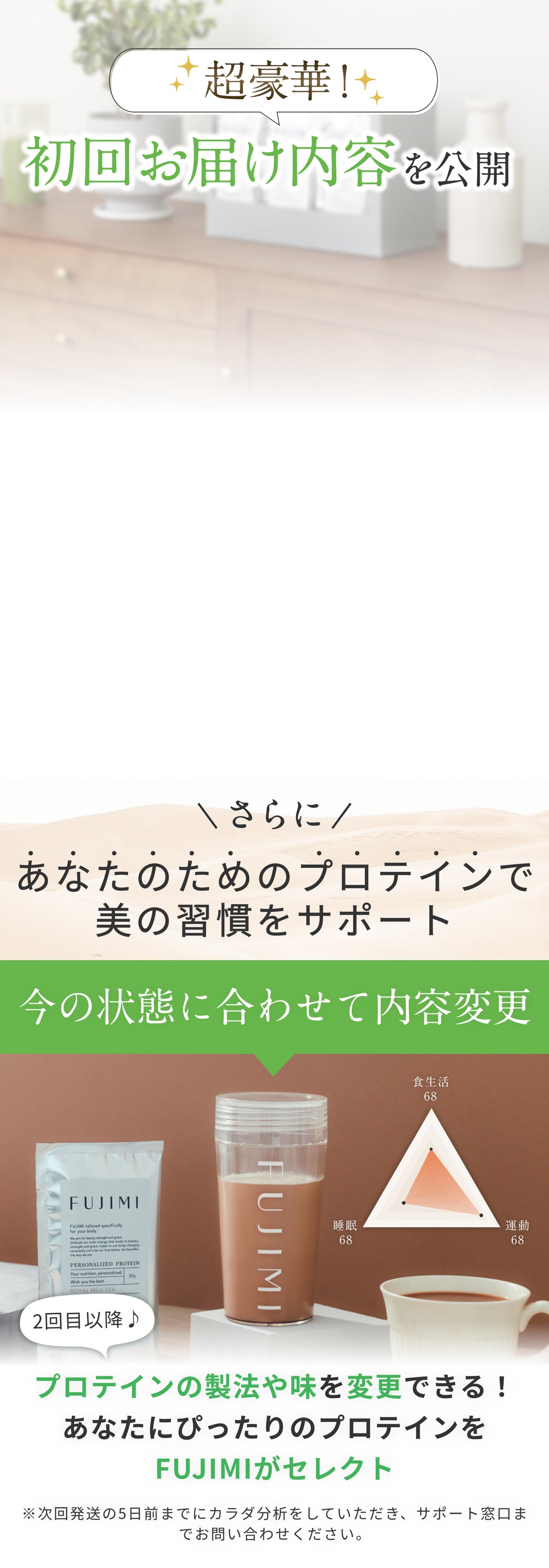 超豪華! 初回お届け内容を公開 さらに あなたのためのプロテインで美の習慣をサポート 今の状態に合わせて内容変更 2回目以降♪ プロテインの製法や味を変更できる! あなたにぴったりのプロテインをFUJIMIがセレクト ※次回発送の5日前までにカラダ分析をしていただき、サポート窓口までお問い合わせください。