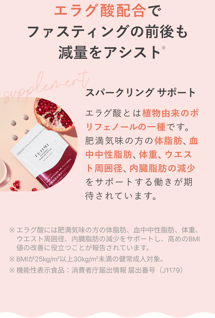 エラグ酸配合でファスティングの前後も減量をアシスト※ スパークリング サポート エラグ酸とは植物由来のポリフェノールの一種です。肥満気味の方の体脂肪、血中中性脂肪、体重、ウエスト周囲径、内臓脂肪の減少をサポートする働きが期待されています。 ※エラグ酸には肥満気味の方の体脂肪、血中中性脂肪、体重、ウエスト周囲径、内臓脂肪の減少をサポートし、高めのBMI値の改善に役立つことが報告されています。 ※BMIが25kg/m²以上30kg/m²未満の健常成人対象。 ※機能性表示食品:消費者庁届出情報 届出番号(J1179)