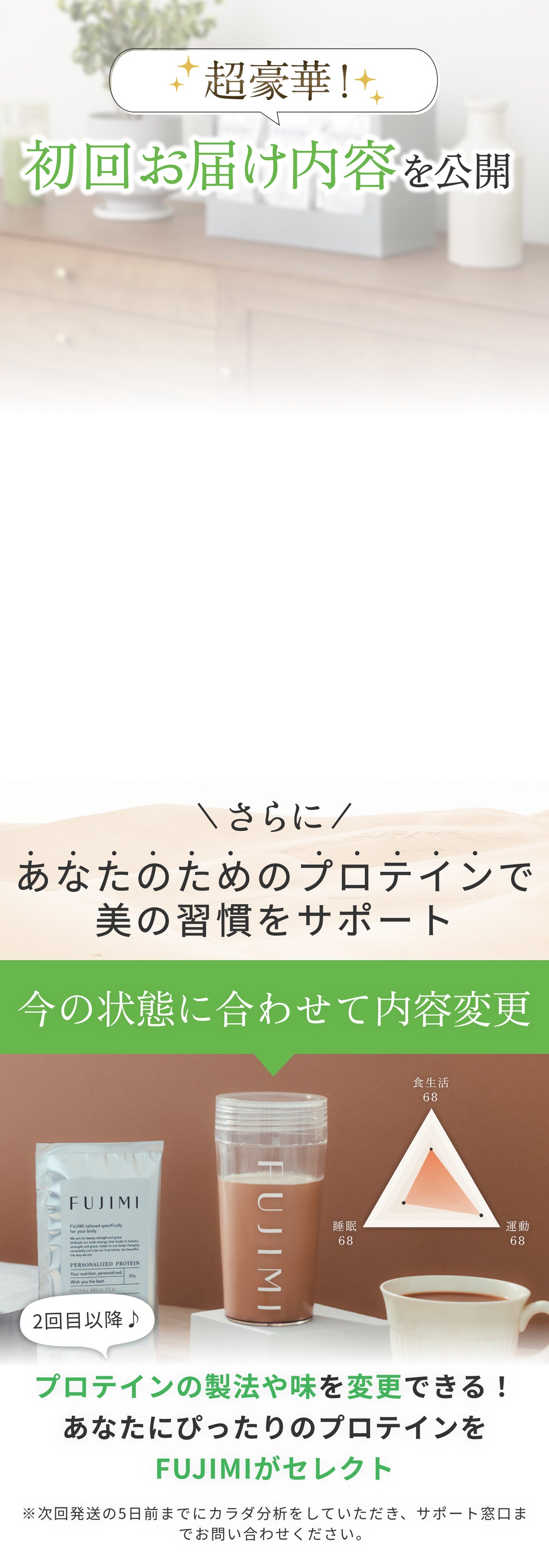 超豪華! 初回お届け内容を公開 さらに あなたのためのプロテインで美の習慣をサポート 今の状態に合わせて内容変更 2回目以降♪ プロテインの製法や味を変更できる! あなたにぴったりのプロテインをFUJIMIがセレクト ※次回発送の5日前までにカラダ分析をしていただき、サポート窓口までお問い合わせください。