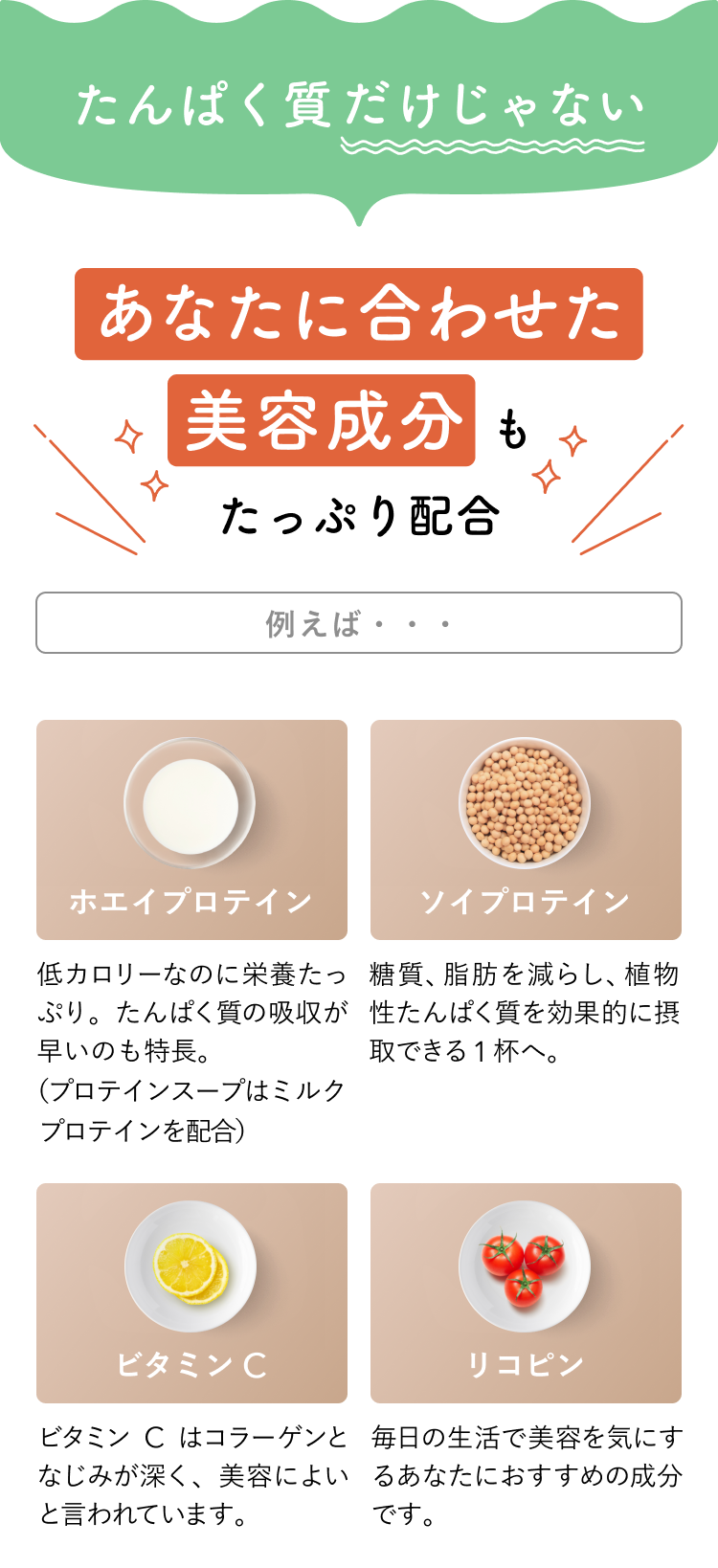 たんぱく質だけじゃない あなたに合わせた美容成分もたっぷり配合 例えば・・・ホエイプロテイン 低カロリーなのに栄養たっぷり。たんぱく質の吸収が早いのも特長。(プロテインスープはミルクプロテインを配合) ※ ソイプロテイン 糖質、脂肪を減らし、植物性たんぱく質を効果的に摂取できる1杯へ。 ビタミンC ビタミンCはコラーゲンとなじみが深く、美容によいと言われています。 リコピン 毎日の生活で美容を気にするあなたにおすすめの成分です。
