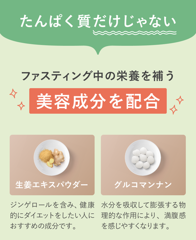 たんぱく質だけじゃない ファスティング中の栄養を補う美容成分を配合 生姜エキスパウダー ジンゲロールを含み、健康的にダイエットをしたい人におすすめの成分です。 グルコマンナン 水分を吸収して膨張する物理的な作用により、満腹感を感じやすくなります。