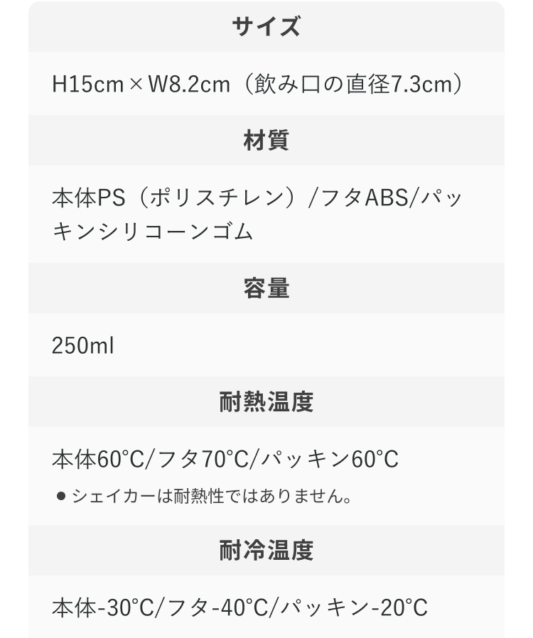 サイズ H15cm × W8.2cm (飲み口の直径7.3cm) 材質 本体PS(ポリスチレン)/フタABS/パッキンシリコーンゴム 容量 250ml 耐熱温度 本体60℃/フタ70℃/パッキン60℃ ・シェイカーは耐熱性ではありません。 耐冷温度 本体-30℃/フタ-40℃/パッキン-20℃